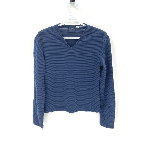 Versace Jeans Navy Blue Stripes Long Sleeve Fitted Sheer Mesh Blouse Top Sz L - Picture 5 of 12